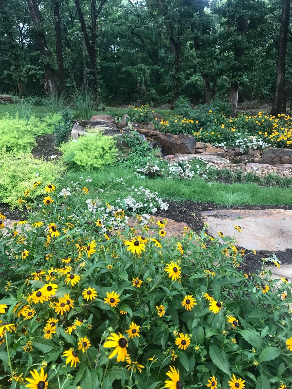 Vibrant garden with yellow flowers, lush greenery, and stone paths in a serene natural setting.