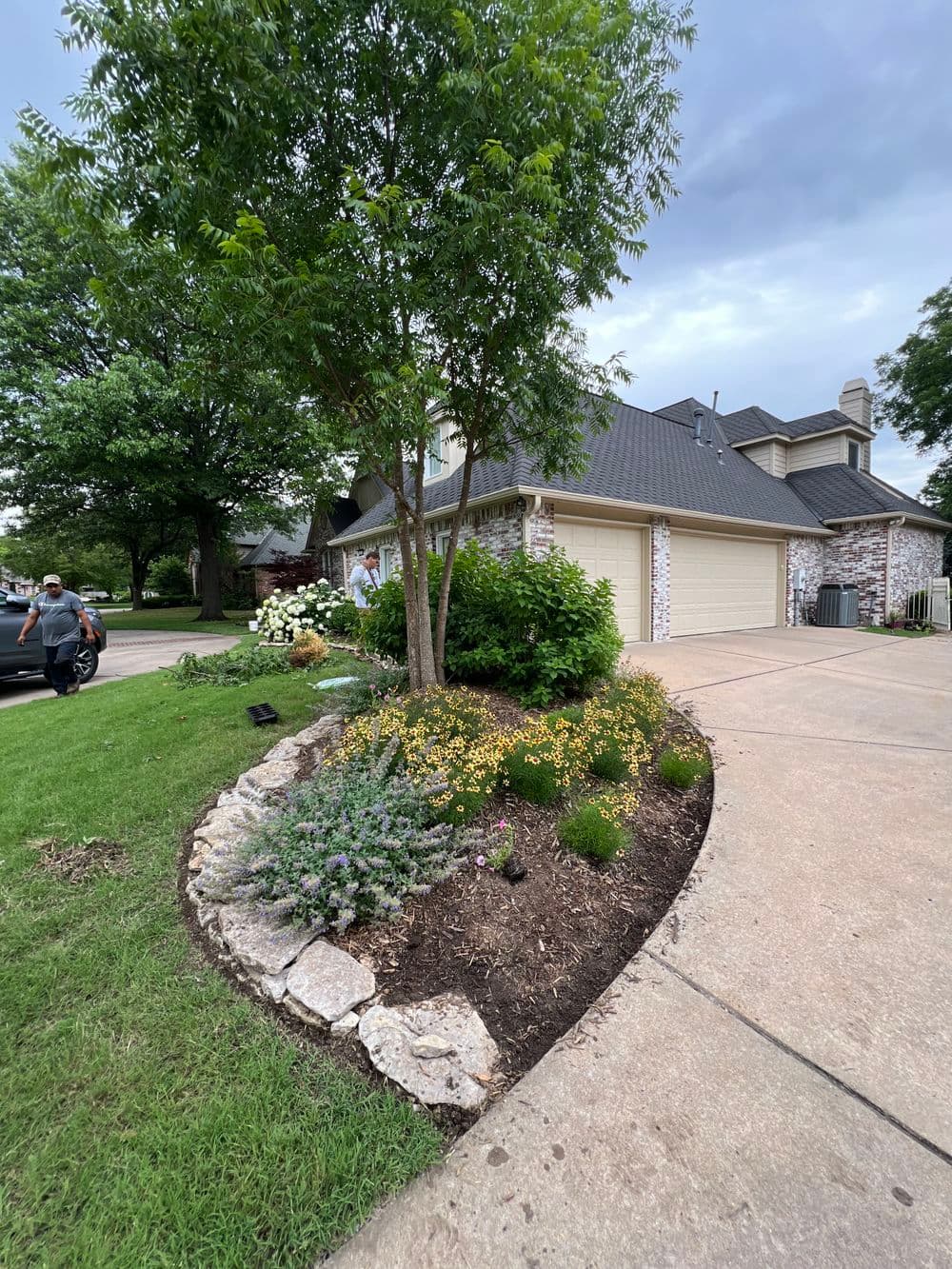 House with landscaped garden featuring colorful flowers and shrubs along the driveway.